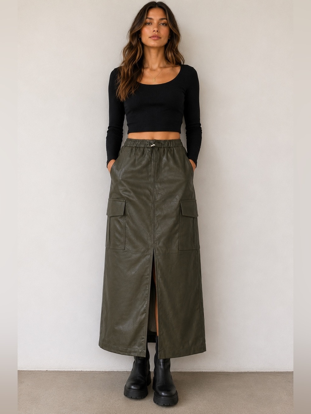 Indigo Rising Olive Green Faux Leather Cargo Maxi Skirt Small
